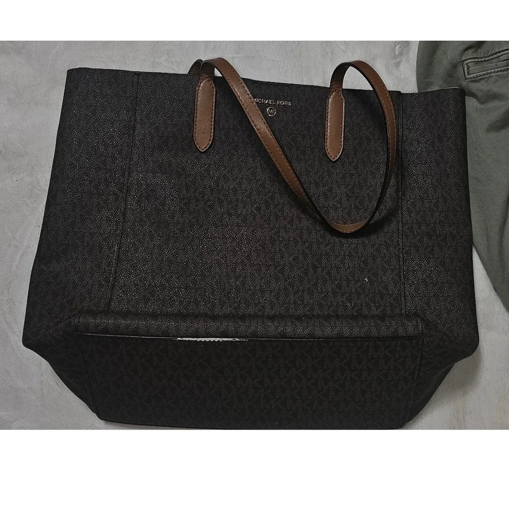 Michael Kors Signature Logo Tote Bag Brown Monogram Leather Trim Shopper Handbag